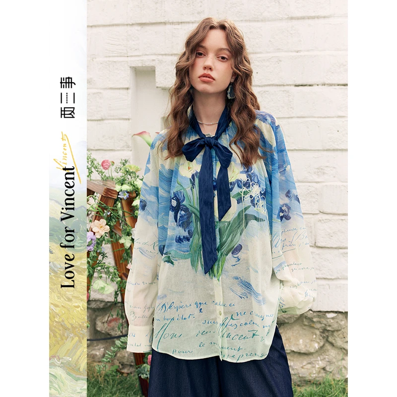 两三事梵高文艺釉彩洒晴 绣花领印花雪纺衫S25XLS091
