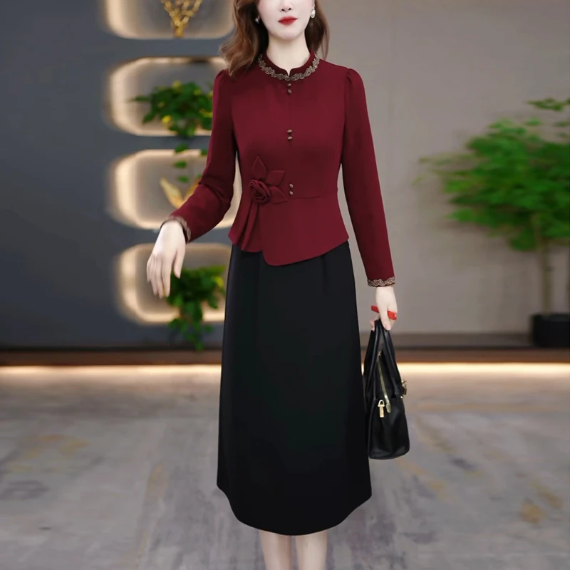 酒红色假两件气质连衣裙女2025秋季新款妈妈装修身显瘦中长款裙子