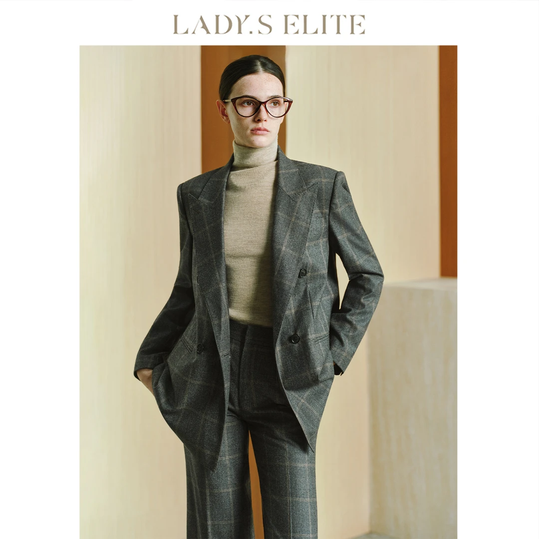 LadySElite【大作家】羊毛灰棕格纹西装阔腿裤套装女2025秋季新款