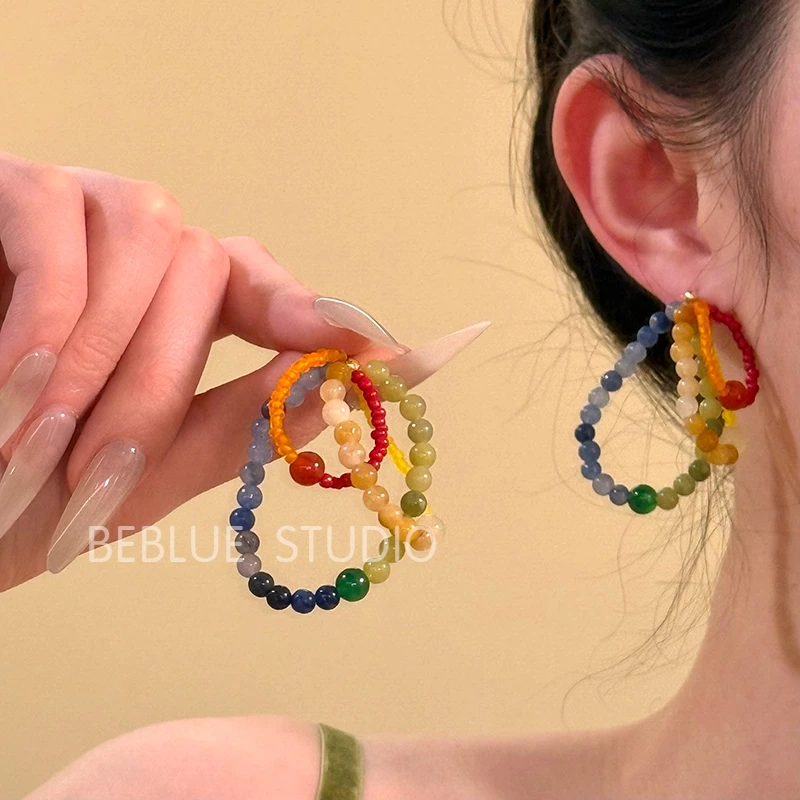 非金属仿水晶耳饰 解构彩虹~复古彩色水晶串珠耳钉女新款撞色耳饰