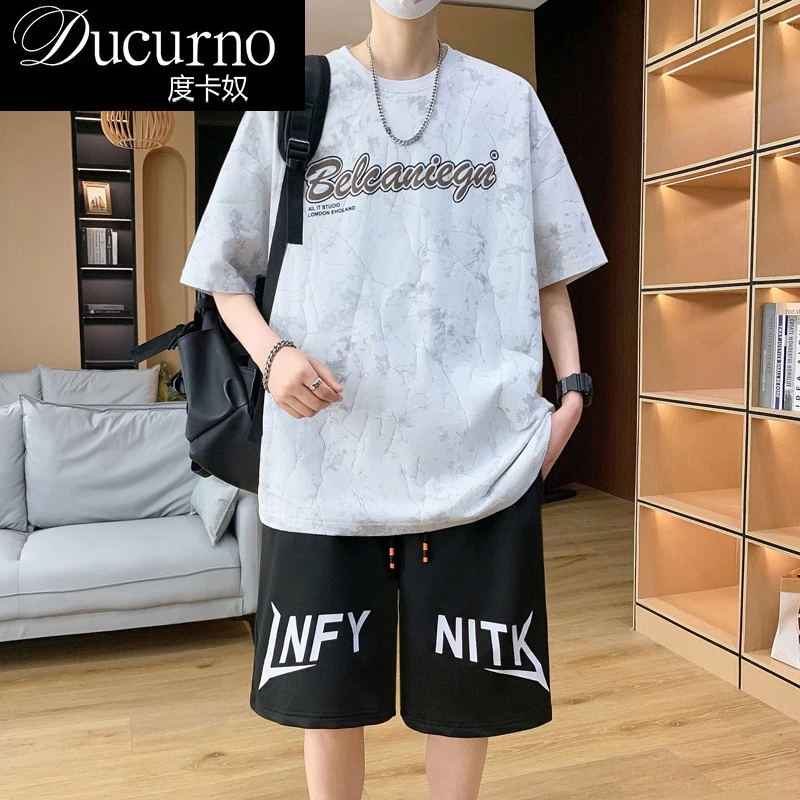 时尚运动套装男短袖t恤2025新款夏季初中生男生休闲短裤两件套