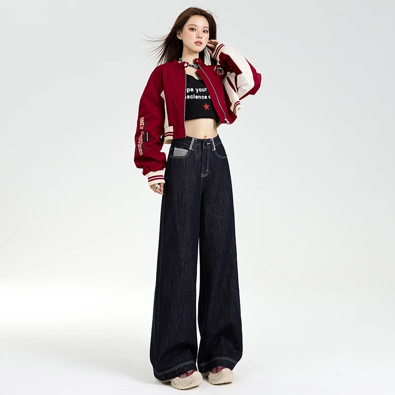 早秋新款美式复古辣妹小众设计感新款宽松阔腿裤女高腰显瘦牛仔裤