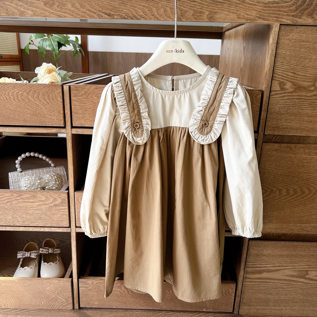 【棉布裙】1072（肩带咖）连衣裙 女童森系百搭 假两件 棉布连衣裙