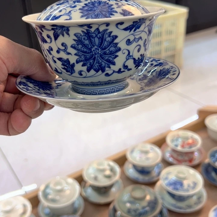 瓷片白青花缠枝莲元宝盖碗全品