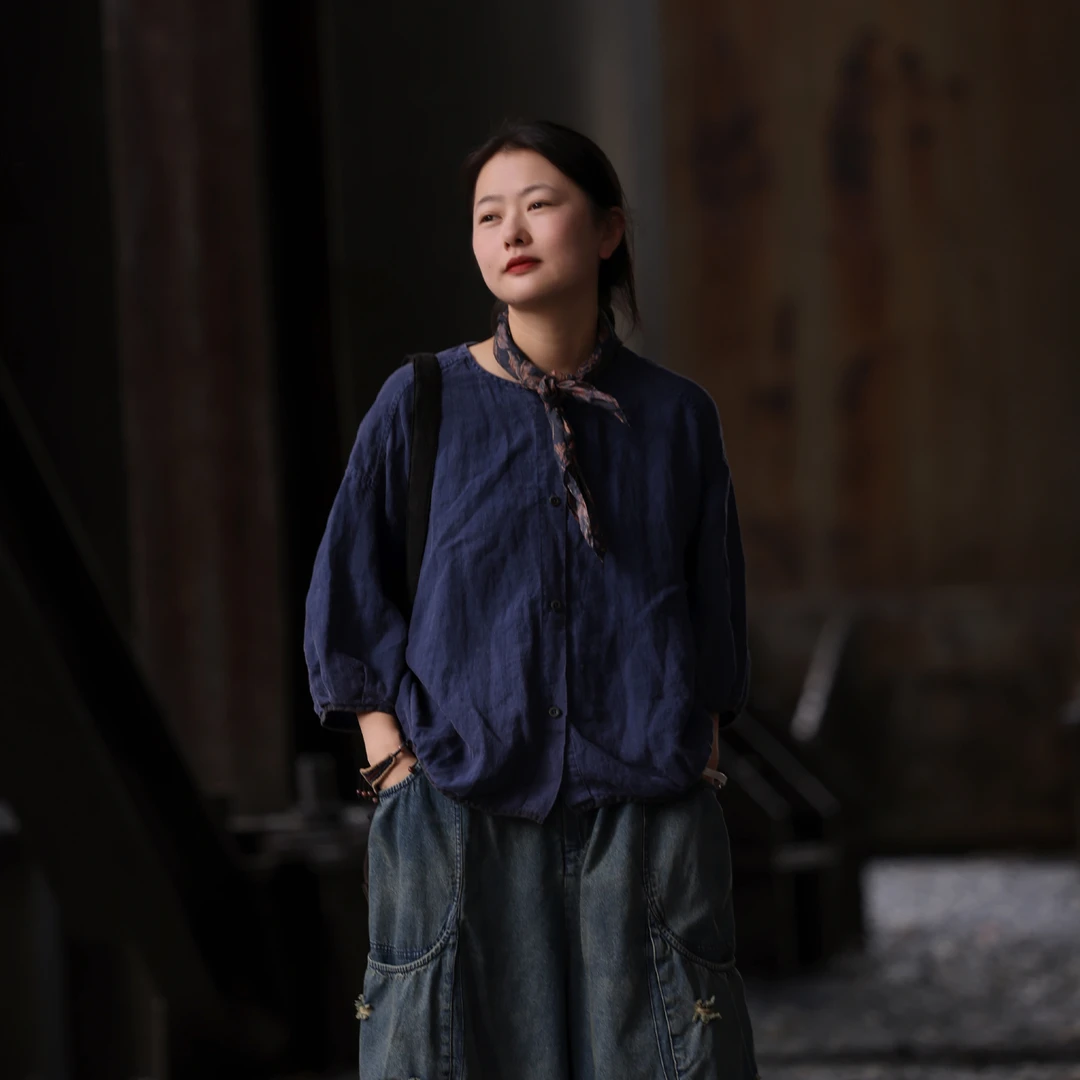 衣路走来原创设计2025夏薄款麻圆领文艺上衣38810