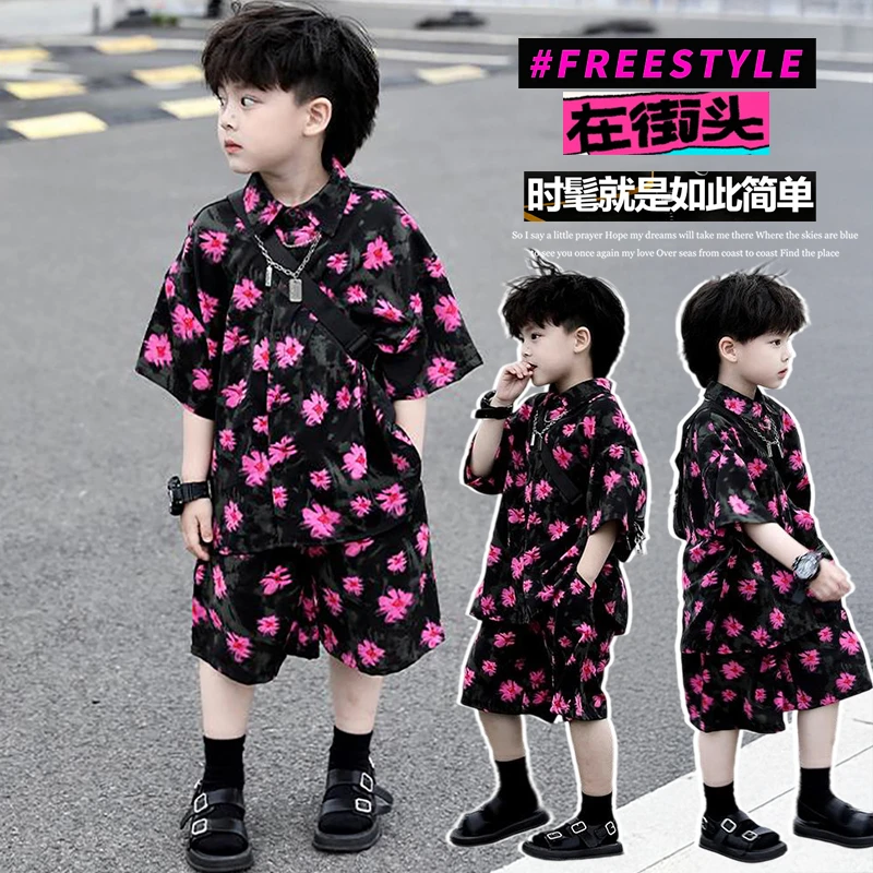夏季薄款男童时髦网红炸街衬衫套装薄款宽松复古儿童碎花套装时尚