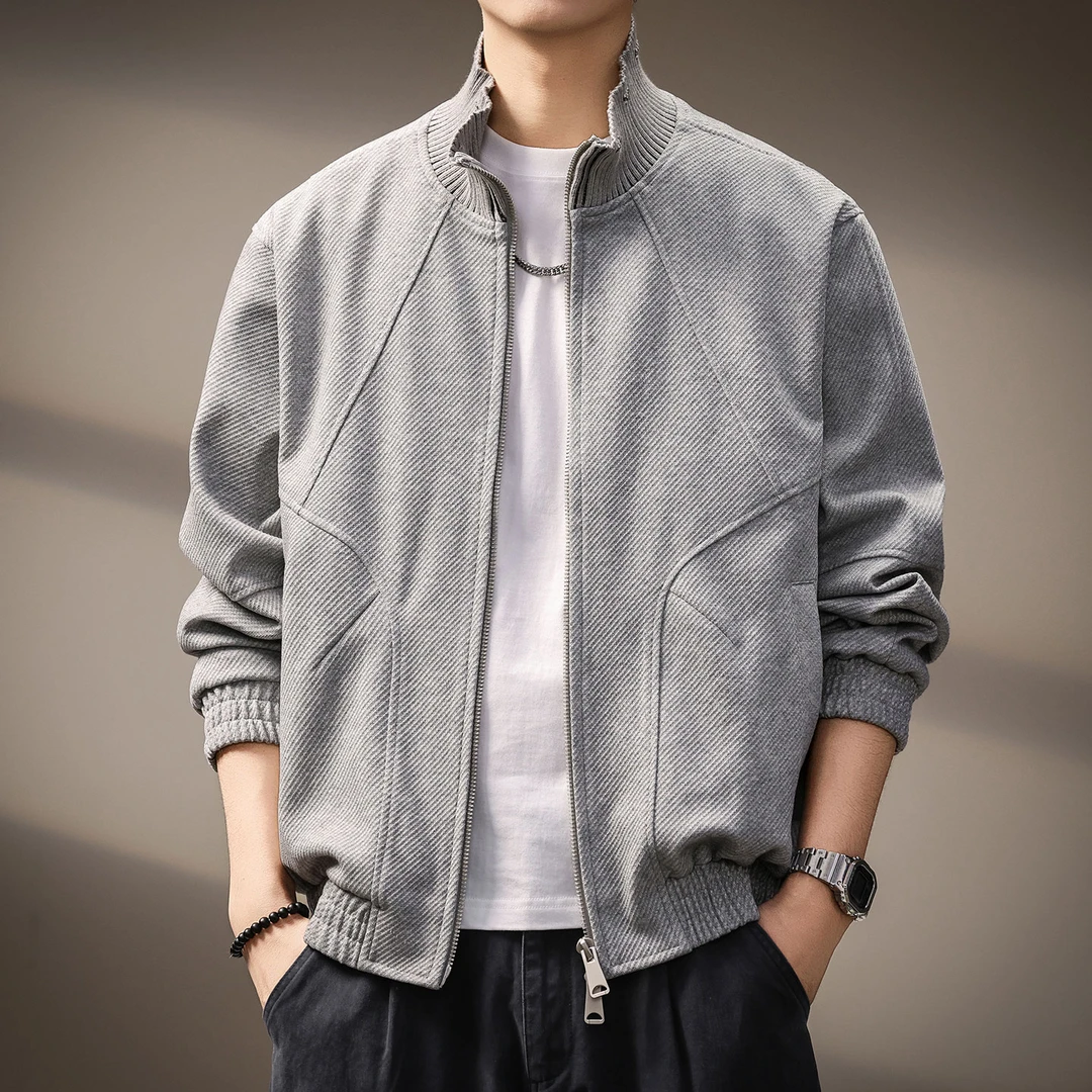 高端日系复古梭织运动外套男秋季新款潮流拼接纹理休闲立领夹克男
