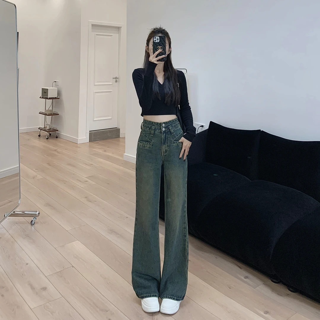 【送腰带】早秋新款复古蓝微喇牛仔裤女水洗高腰显瘦百搭喇叭裤长裤