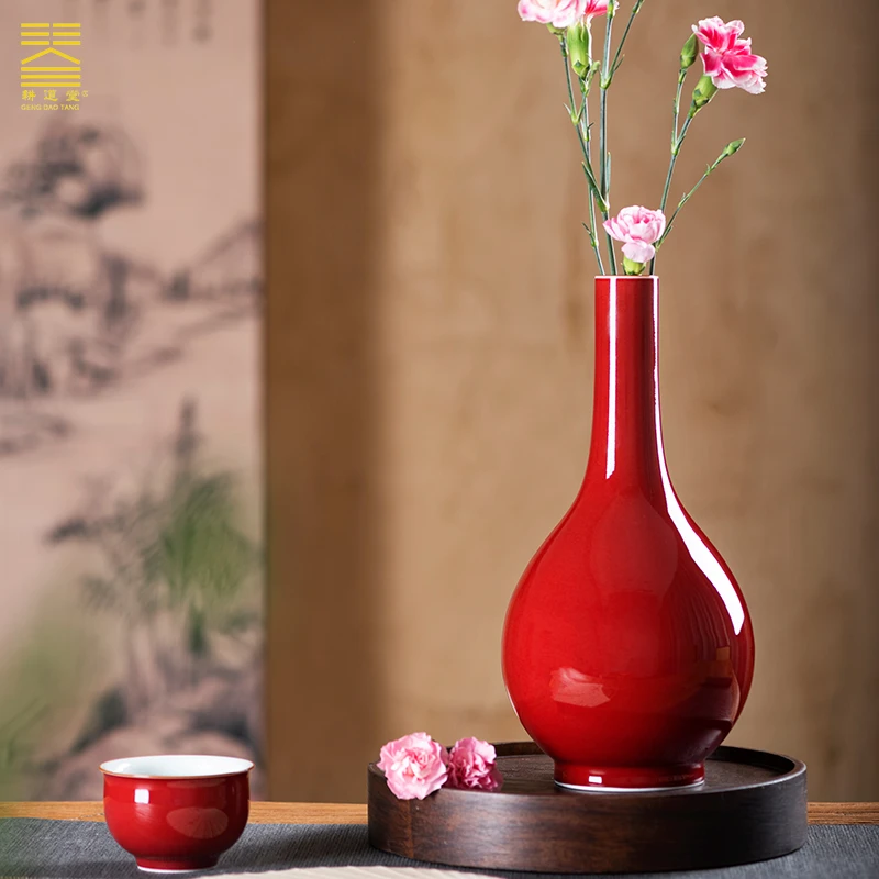 耕道堂霁红釉陶瓷优品-雍正胆瓶高温颜色釉入户玄关博古架摆件