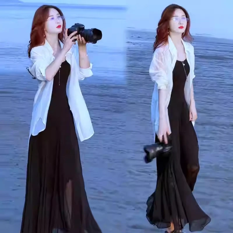 韩系轻熟风连衣裙女轻薄防晒衫夏季新款洋气显瘦吊带长裙两件套