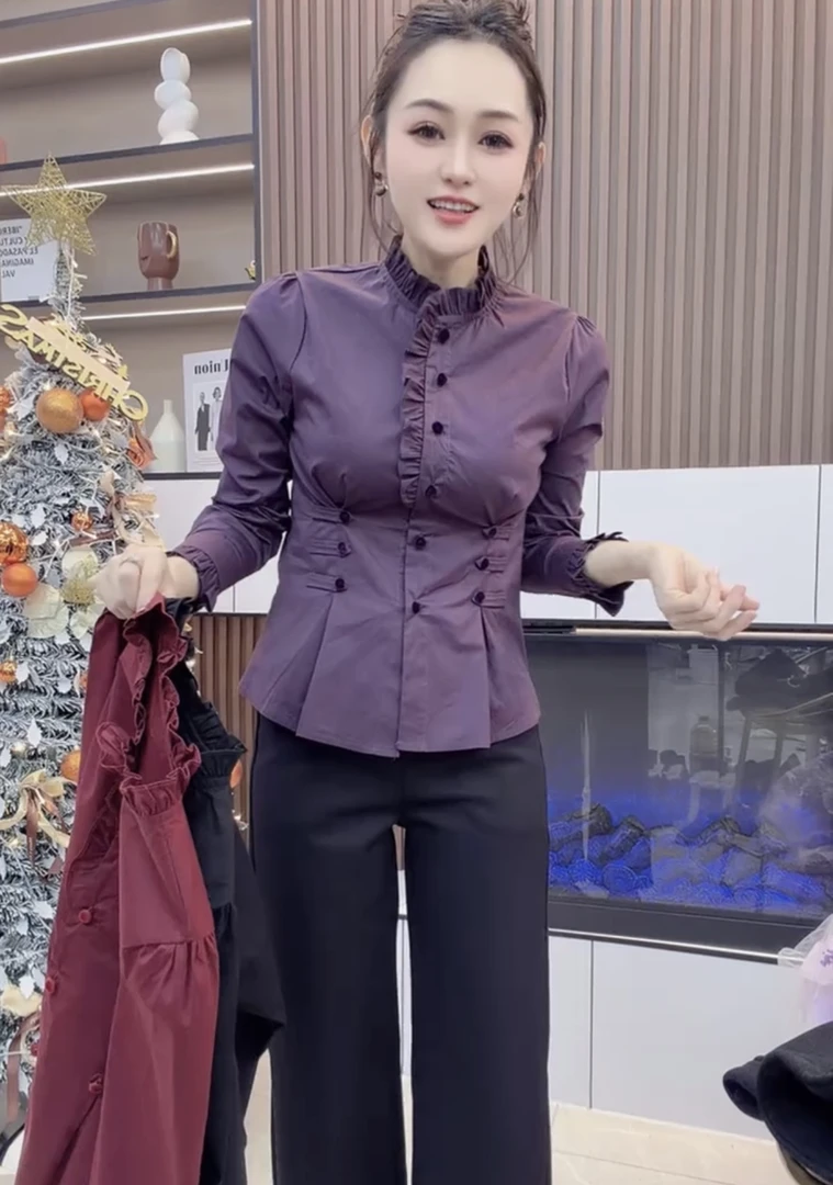 2026秋冬新款韩系时尚洋气木耳边立领收腰长袖女衬衫显瘦上衣开衫