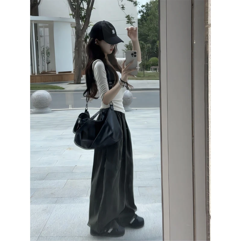 美式辣妹U领中袖T恤秋季内搭打底衫紧身长袖上衣直筒宽松阔腿裤女