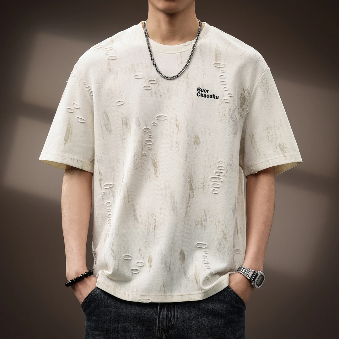 BQDK高端美式复古设计感破洞短袖T恤男爆款夏季新款宽松大码半袖