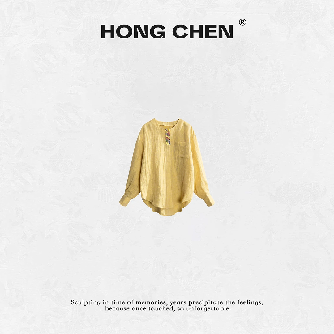 【虹辰】高端时尚进口亚麻舒适百搭撞色重工珠片高级感上衣--HC2215