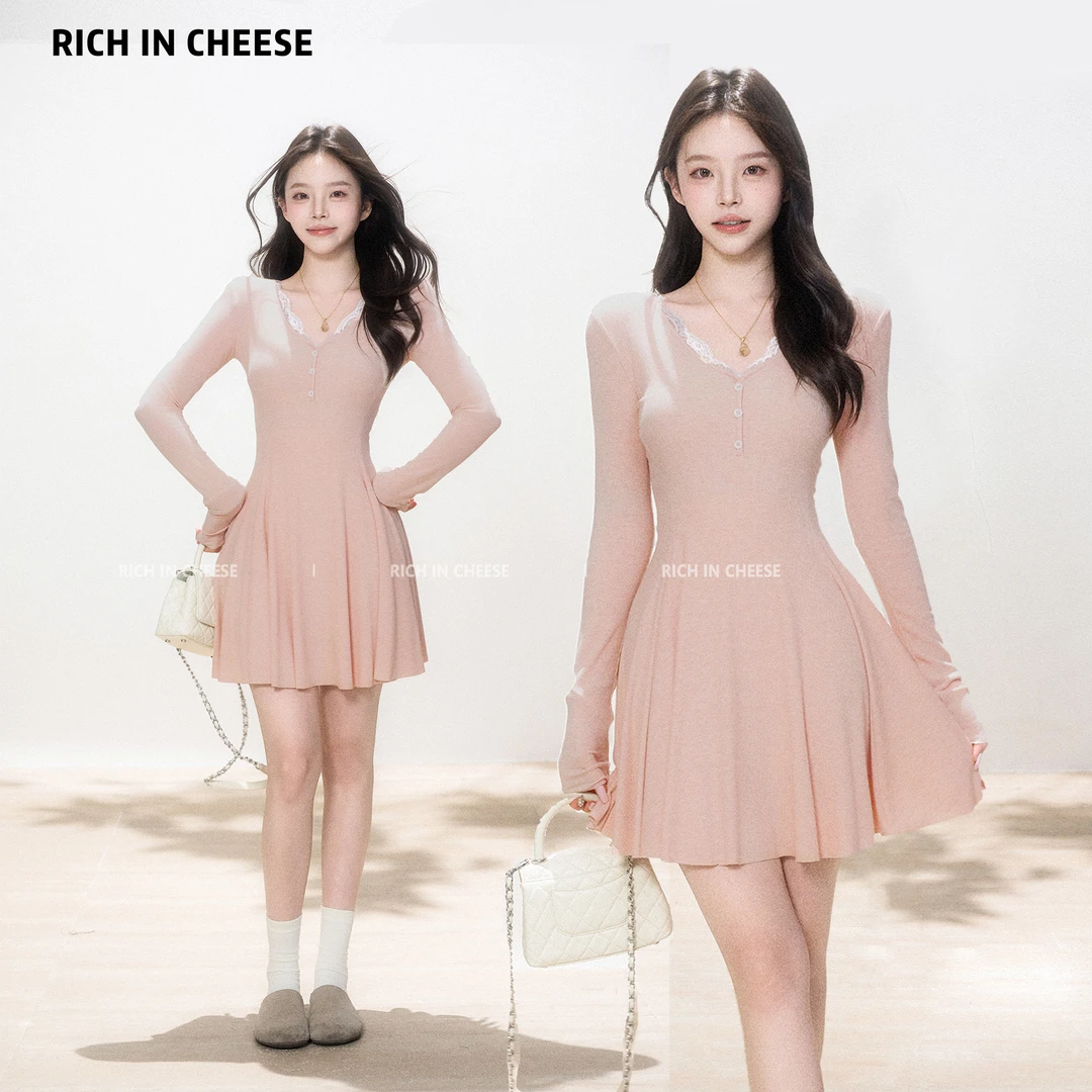 金川川 秋日甜心【少量现货】 法式蕾丝V领针织花边拼接收腰连衣裙