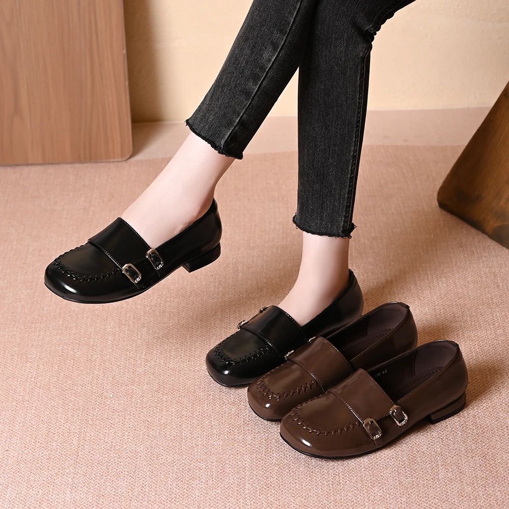 复古英伦风低跟单鞋时尚百搭女士方扣软底软面一脚蹬懒人鞋休闲鞋