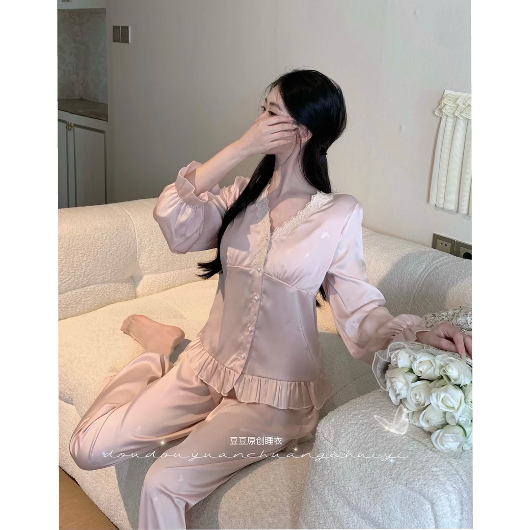 【粉樱甜梦】柔光软丝长袖家居服高腰显瘦睡衣女小众春季