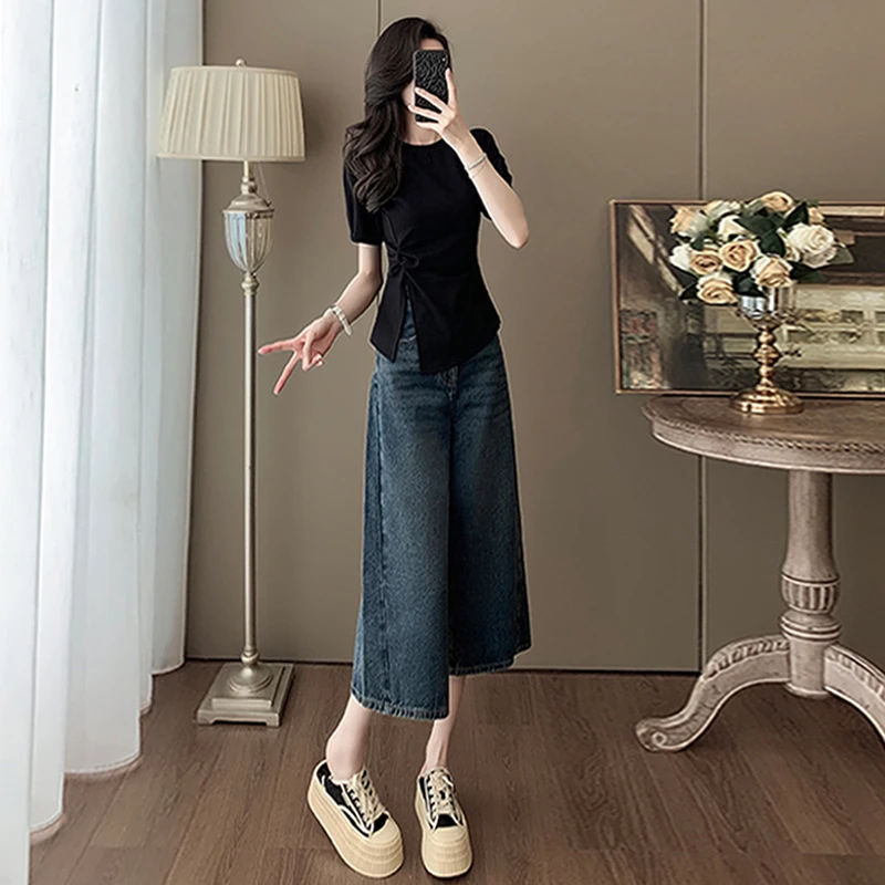 时尚潮流休闲套装女夏季新款小个子器质性显瘦开叉短袖T牛仔裤潮