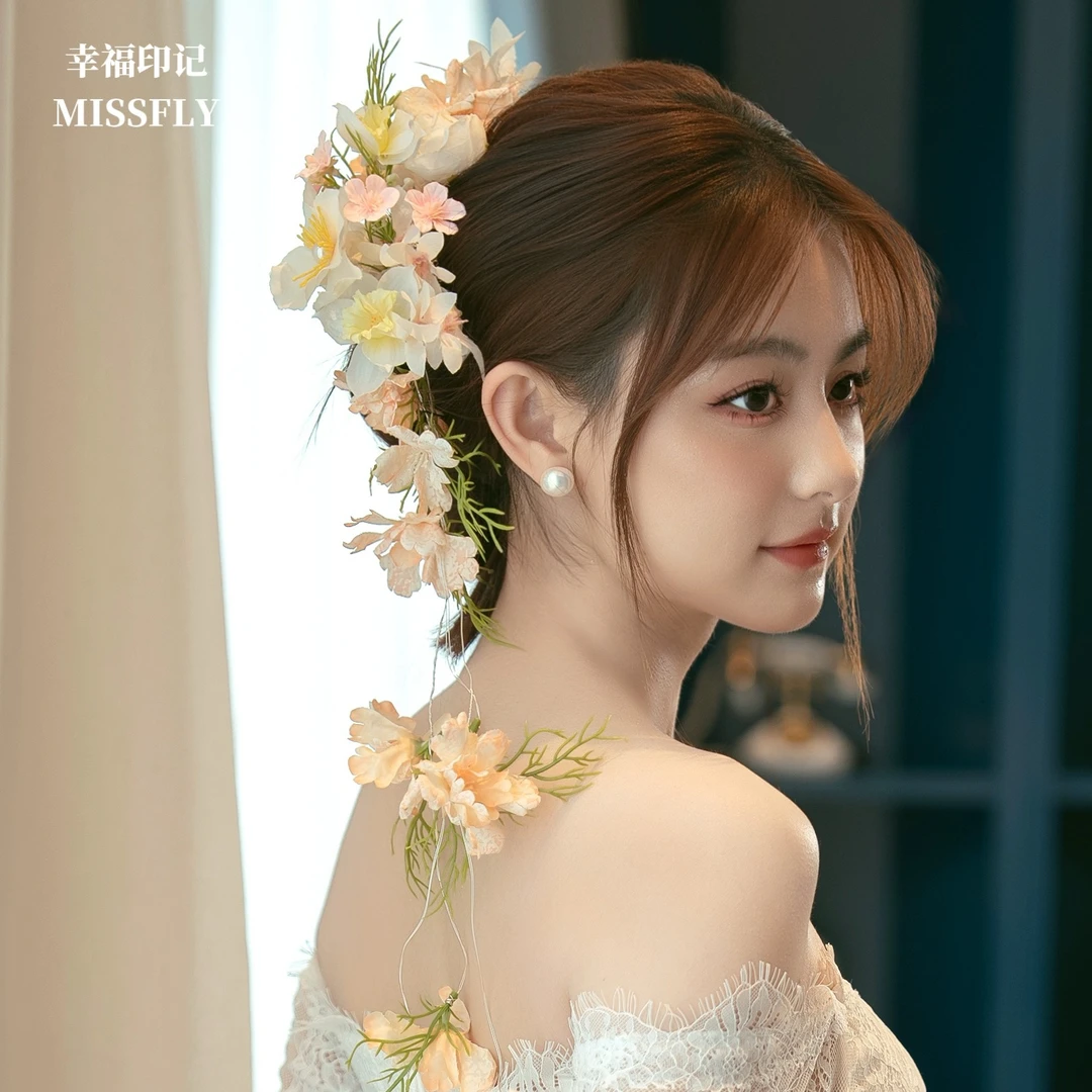 粉色花藤花条头饰新娘发饰花环婚纱礼服新中式发带写真旅拍森系
