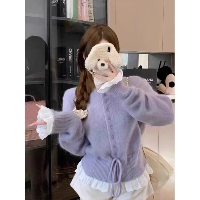 韩系甜美荷叶边蕾丝拼接毛衣系带收腰设计宽松针织开衫短毛衣女