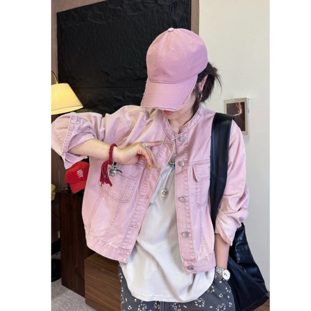 HY1987春秋做旧立领短款极简显瘦牛仔外套韩版设计感长袖时尚休闲