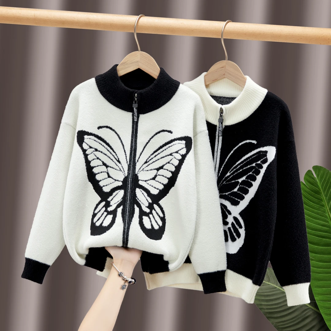 【不起球】男女童半高领蝴蝶开衫2025新款春秋时尚中大童针织外套衫