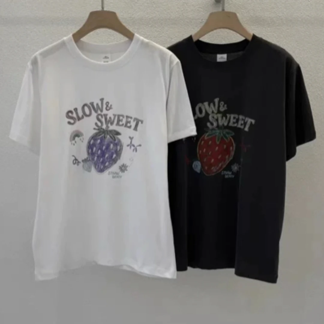 现~韩国东大门代女ablering简约草莓字母短袖T恤