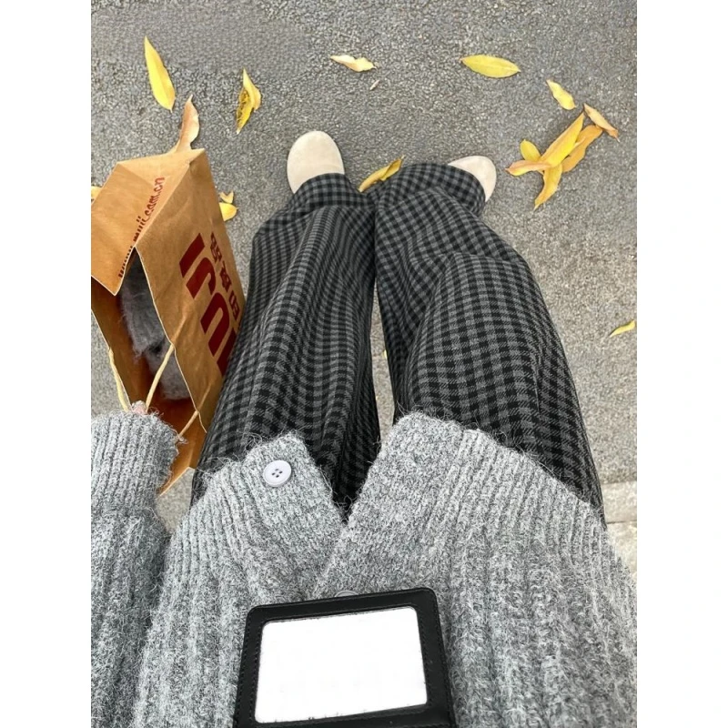 复古格子裤女秋季2025新款高腰垂坠感休闲女士加小个子直筒阔腿裤