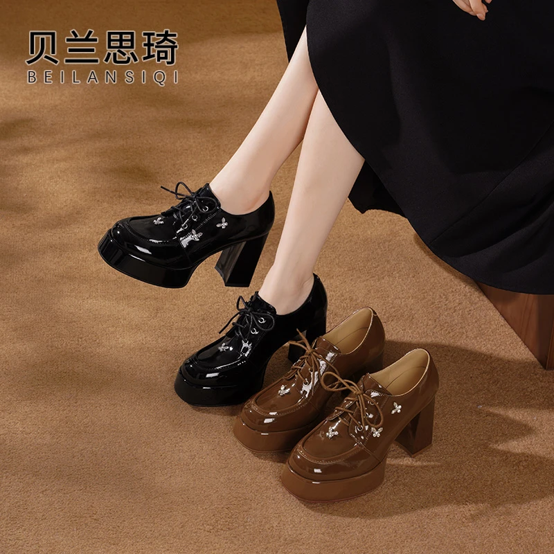 真皮水钻圆头厚底系带粗跟单鞋女2025春秋季深口防水台高跟鞋5828