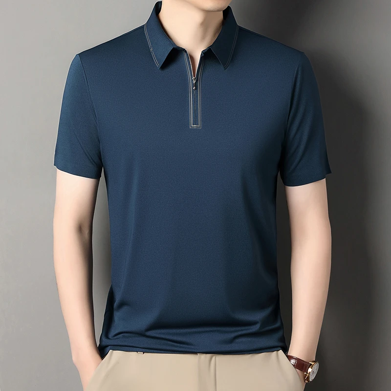 夏季男士高档冰丝短袖T恤男半袖无痕透气百搭翻领POLO衫上衣男装