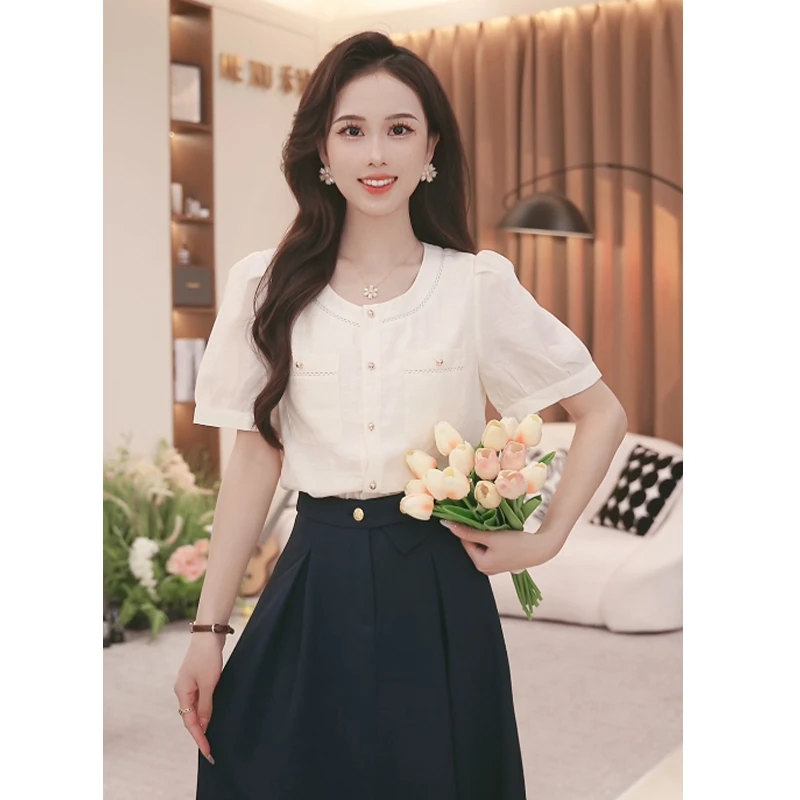 法式复古轻熟风拼接显瘦衬衫女2025夏季新款百搭显瘦气质衬衫短袖