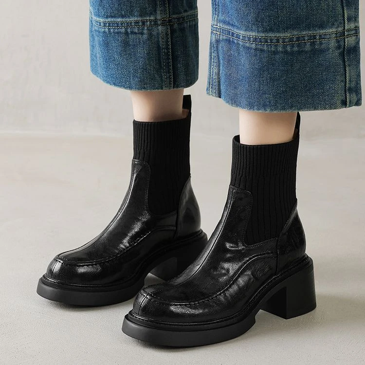 百搭袜靴英伦风粗跟瘦瘦靴中筒秋冬网红复古时装靴厚底短筒649-92