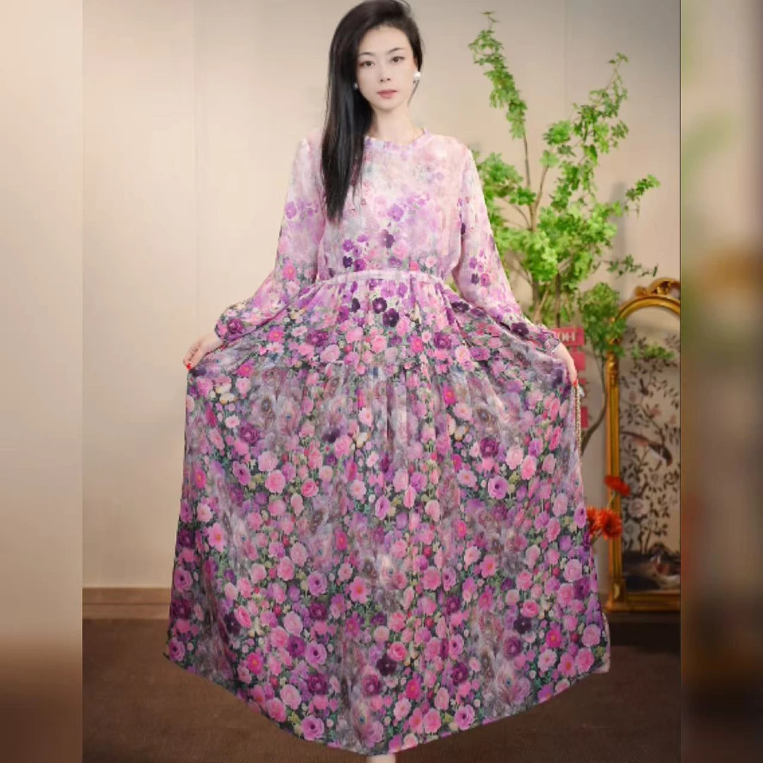 【多米拉】01125-8柔紫花蔓碎花印花气质100%桑蚕丝连衣裙