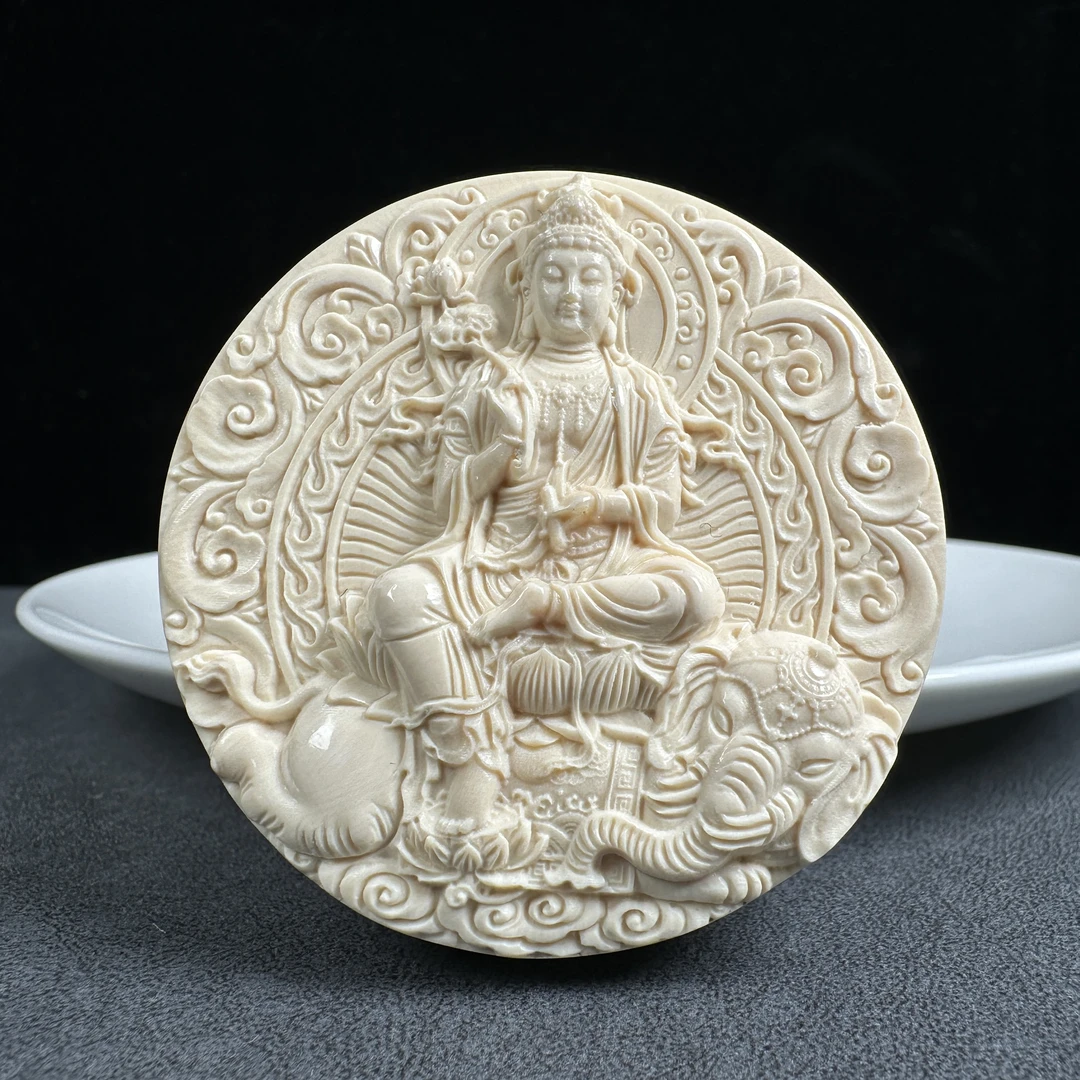 K8686天然猛犸牙 雕刻牌 普贤菩萨54*14mm支持鉴定 假一罚四