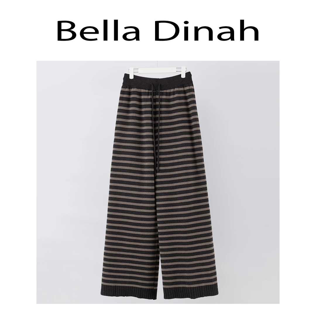 Bella Dinah 松茶可可 时尚高腰宽松条纹冬季加绒拖地裤XJJJ060