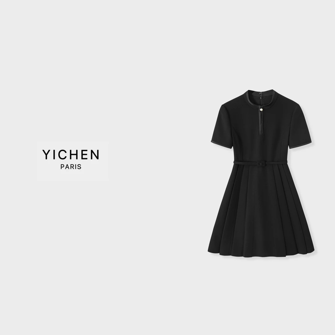 YC 珍珠扣收腰压褶中长款神秘小黑裙-1613