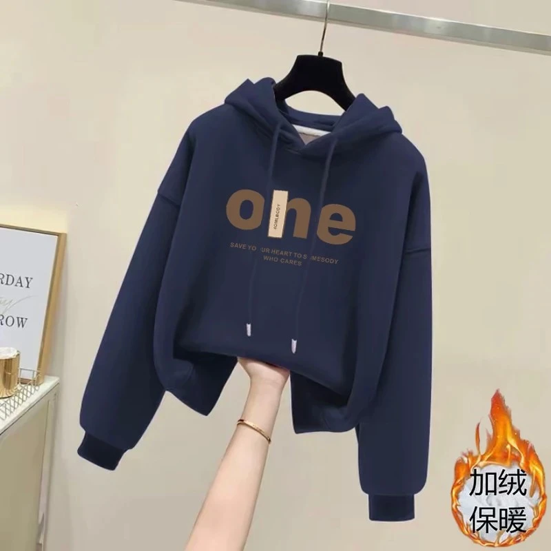 设计感小众秋冬新款2025加绒加厚套头连帽卫衣女短款宽松韩版外套