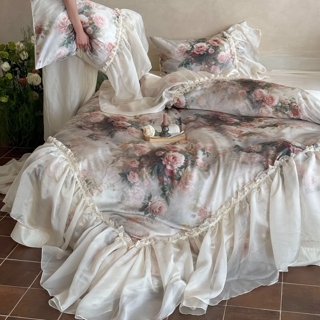 梅边【迷雾梦境】法式高级欧式印花花边款天丝棉春夏床上四件套