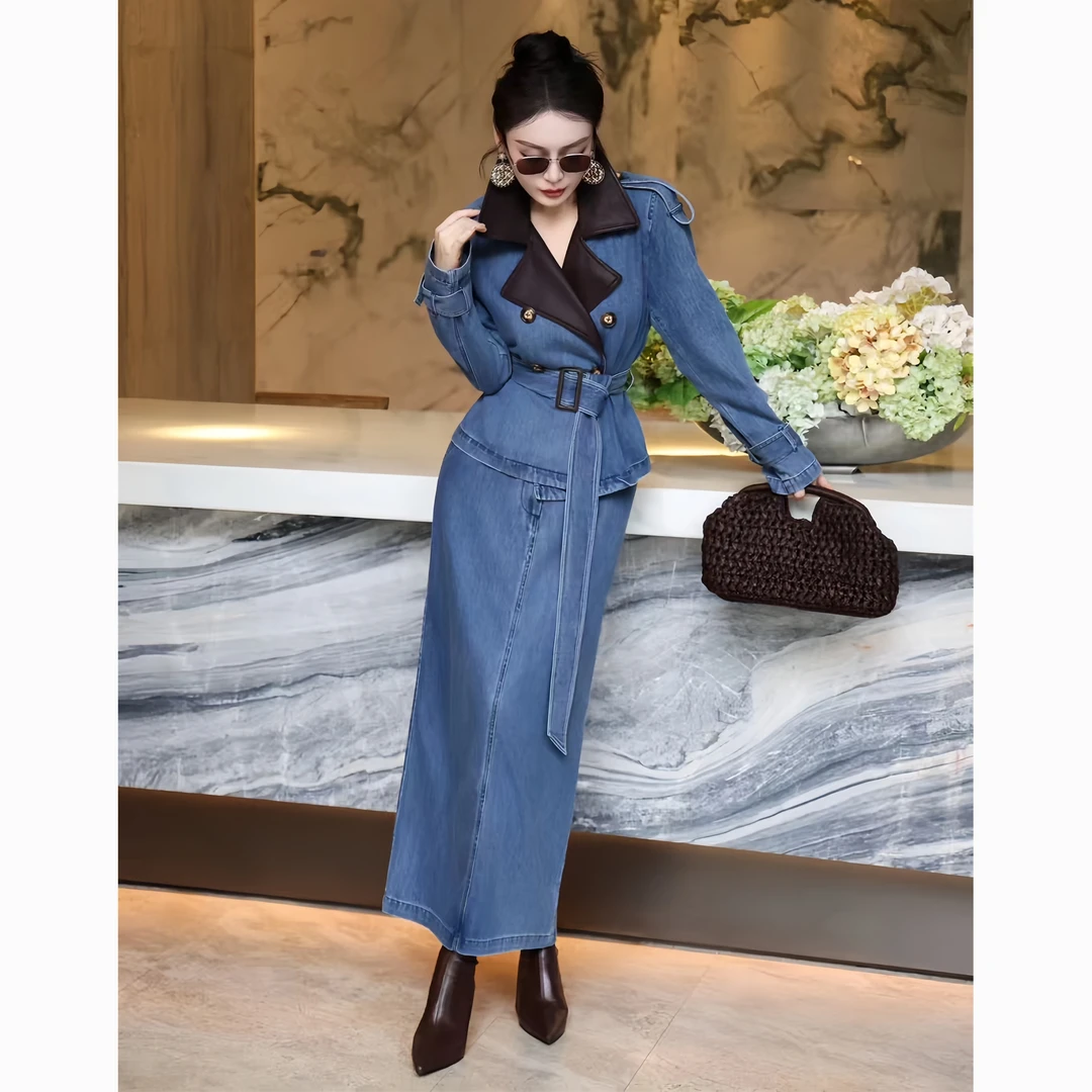 ZEROYK港风复古职业套装秋季高端重磅牛仔西服半裙气质通勤两件套