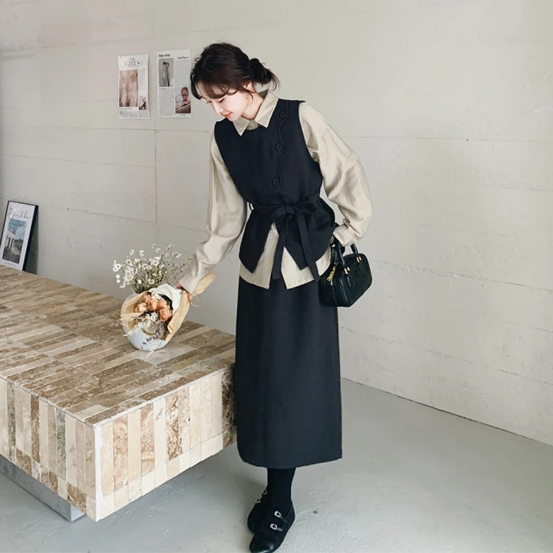 通勤风韩系套装裙女2025早春新款小众松弛感衬衫马甲半身裙三件套