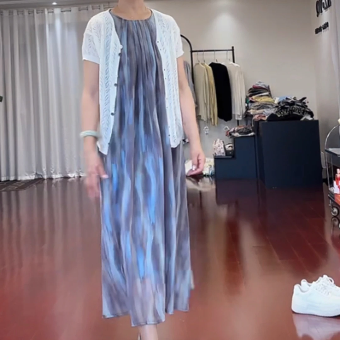 【葛行长定制】圆领系带仙女条印花无袖连衣裙长款气质吊带裙SL8285