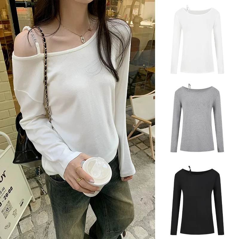 Moses Queen/魔西女王辣妹斜肩设计感肩带纯色女春季显瘦长袖T恤