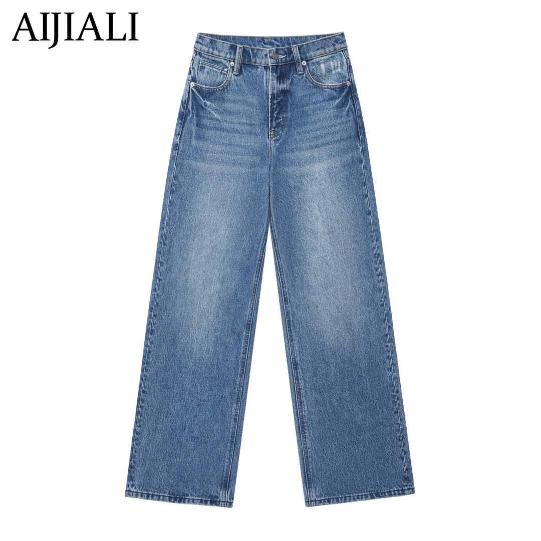AIJIALI-秋季新款宽松牛仔裤女士高腰拖地裤显瘦正版直筒裤阔腿裤