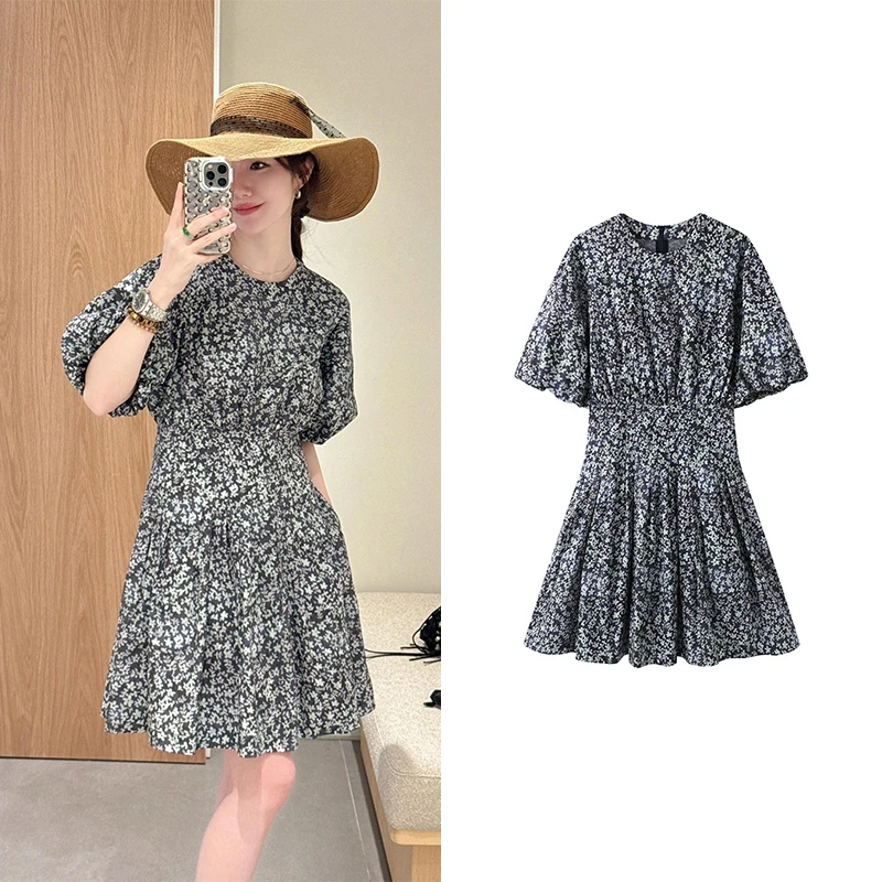 【连衣裙】复古时髦印花圆领收腰裙子2025夏装泡泡袖连衣裙V6382
