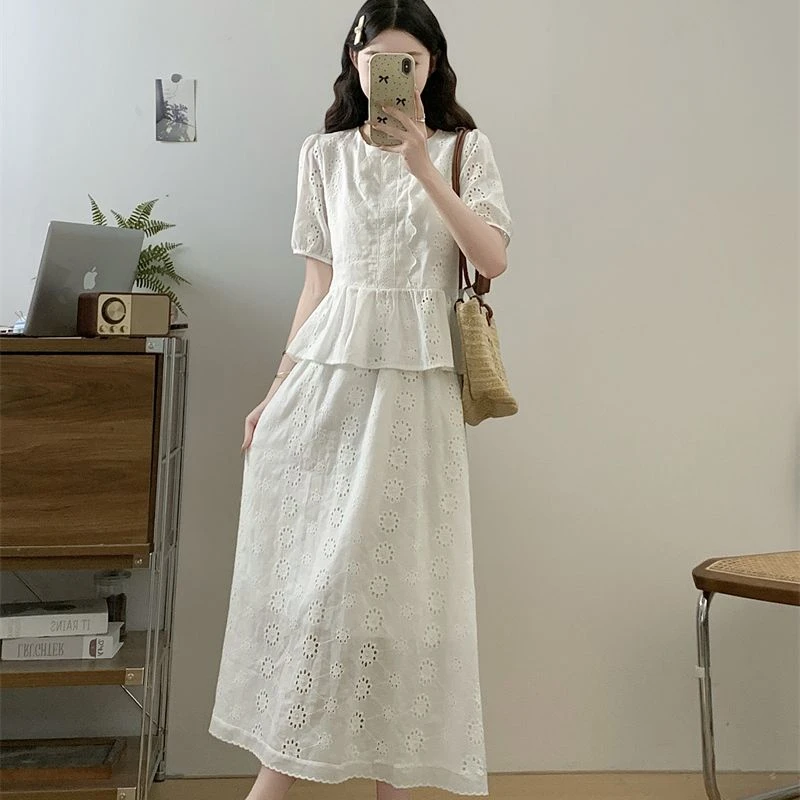 包包专属大码夏季新款韩系蕾丝镂空上衣+半身裙两件套8637