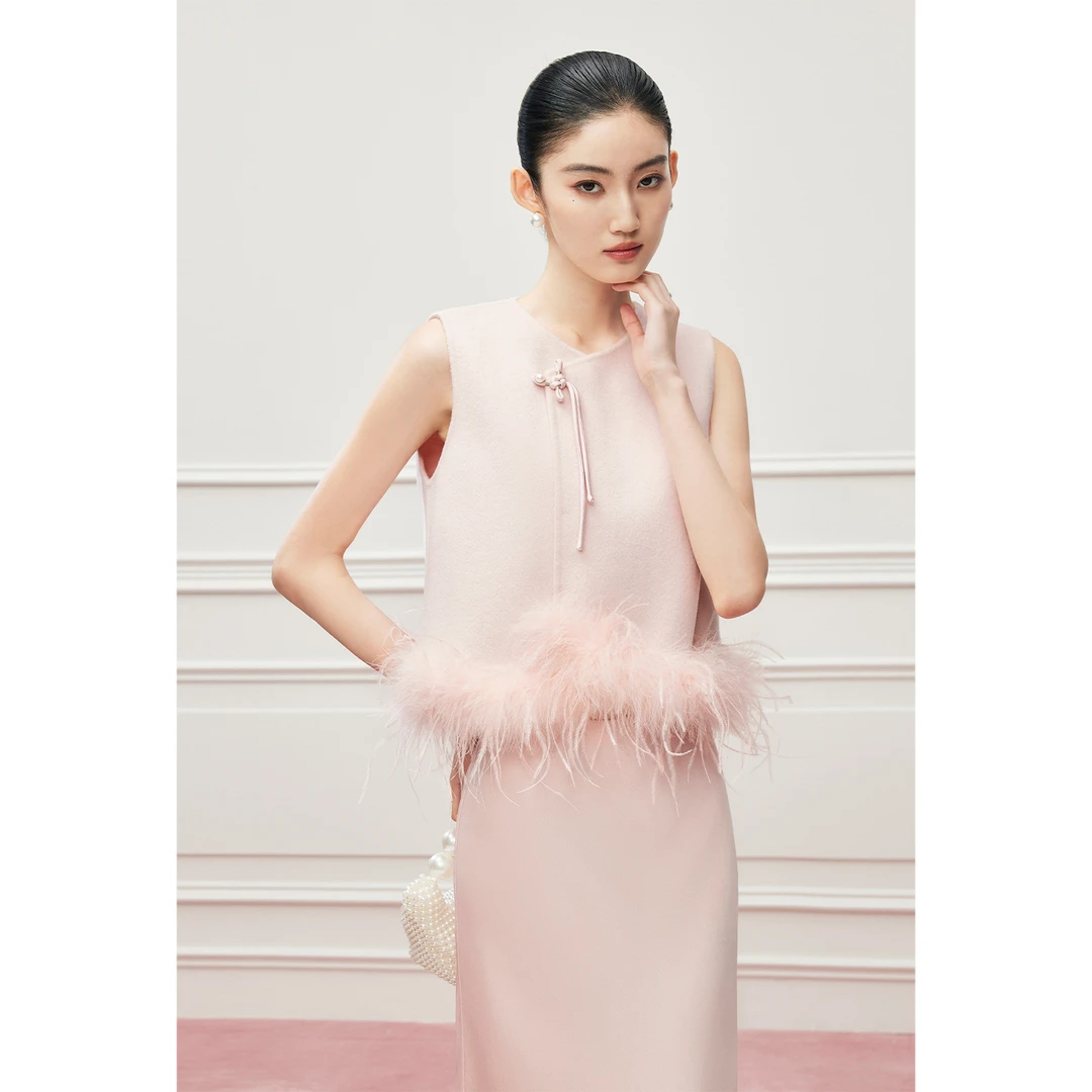 MandyZhang新中式粉色双面呢羊毛羊绒马夹女冬设计感毛边背心上衣