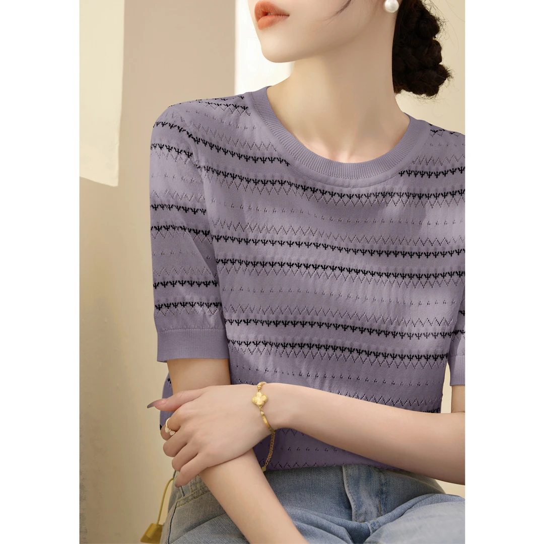 高级条纹短袖圆领套头针织衫女装新款2025年百搭提花掏孔t恤上衣