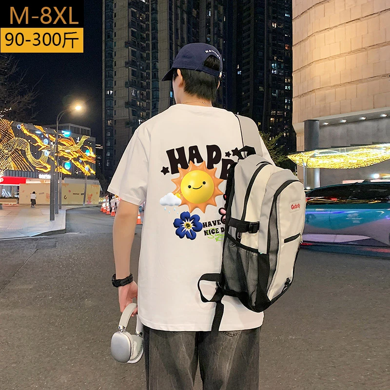 大码短袖t恤男士夏季纯棉半袖胖子休闲笑脸卡通印花百搭加肥加大