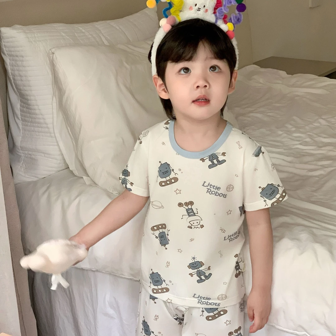 华稚25年夏季纯棉薄款韩系儿童家居服休闲短袖短裤套装