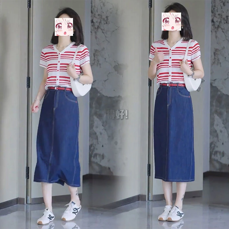 时尚显瘦气质夏季韩版时尚条纹V领短袖针织衫百搭开叉半身裙套装